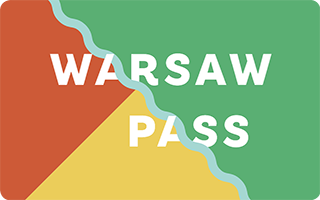 Grafika przedstawiająca kartę podzieloną na trzy fragmenty. Po lewej stronie są one pomarańczowe i żółte, fragment po prawej jest zielony. W poprzek przebiega niebieska pofalowana gruba kreska. Na środku jest biały napis "Warsaw pass".
