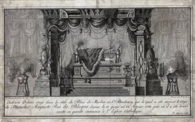 Rysunek przedsyawiający katafalk, na którym jest ułożony zmarły król.