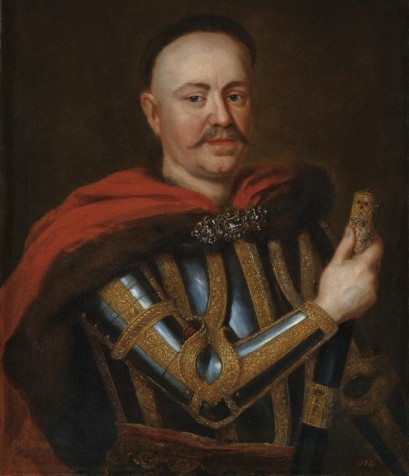 Portret Stanisława Herakliusza Lubomirskiego. Mężczyzna jest ubrany w zbroję i płaszcz, w ręku trzyma buławę. 