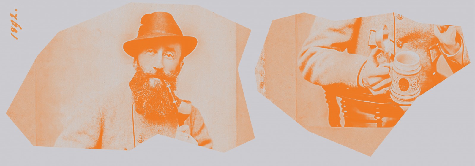Archiwalne zdjęcie przedstawiające mężczyznę w kapeluszu, palącego fajkę. Druga fotografia obok przedstawia tułów mężczyzny, widać też rękę trzymającą kufel. 