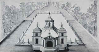 "Łaźnia Lubomirskiego" - J. Ch. Kamsetzer, Widok perspektywiczny Łazienki od strony północnej, rysunek tuszem, lata 1773-76