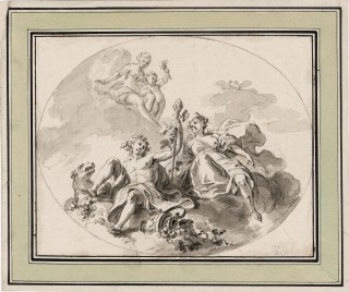 J. B. Plersch, Zaślubiny Bachusa z Ariadną, rysunek piórem, lawowany