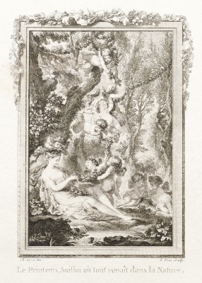 Rysunek przedstawiający kobietę siedzącą pod drzewem w otoczeniu amorków.