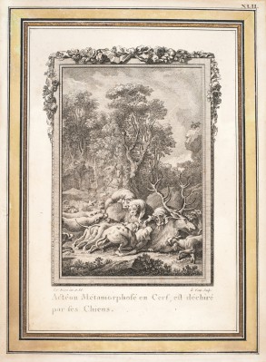 Rysunek przedstawiający leżące martwe zwierzę z porożem na głowie, atakowane przez inne zwierzęta.