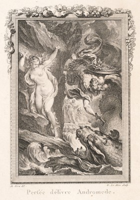 Rysunek przedstawiający Perseusza i Andromedę unoszącymi się nad wzburzonymi falami. 