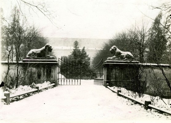 Zimowy widok na wejście do ogrodu przy Starej Oranżerii, przy bramie umiejscowione są rzeźby siedzących lwów.