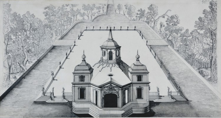 Rysunek przedstawiający pawilon łaźni z XVII wieku, który został przekształcony w Pałac na Wyspie.