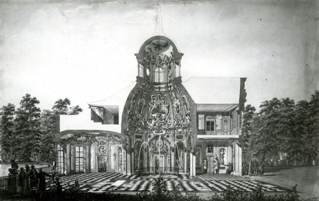 Rysunek przedstawiający przekrój podłużny pawilonu łaźni z XVII wieku, który został przekształcony w Pałac na Wyspie.