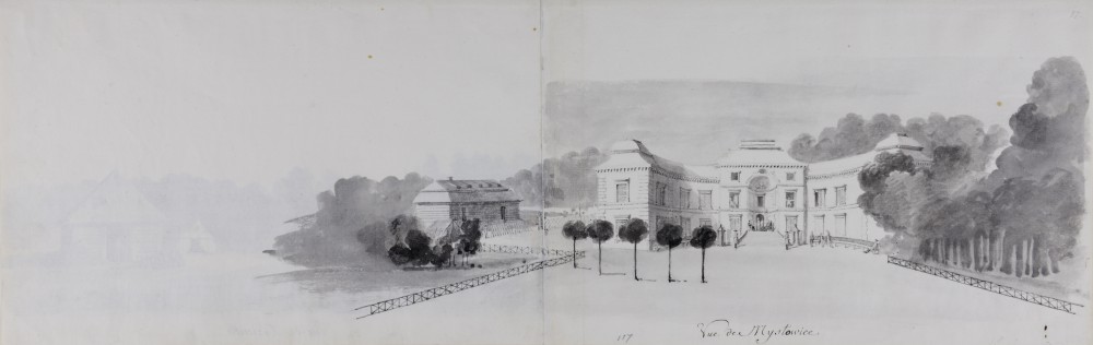 Rysunek przedstawiający widok pałacyku Myślewickiego od frontu, po stronie wschodniej drewniany budynek.