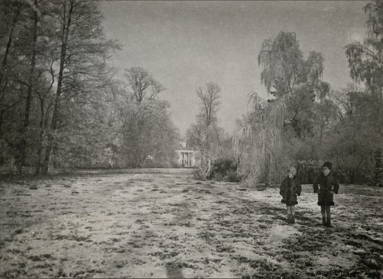 Chłopiec i dziewczyna spacerują zimą po parku.