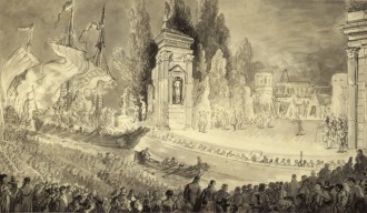 Archiwalny rysunek przedstawiający Amfiteatr, łódź płynącą po wodzie i widownię. 