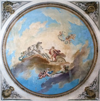 Malowidło, na którym widoczny jest mężczyzna powożący końmi, w otoczeniu aniołków i obłoków, u jego podnóża leży kobieta wylewająca wodę z dzbana.