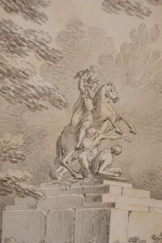 Rysunek przedstawiający mężczyznę na koniu, w dole pod kopytami schylona postać.