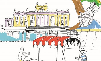 Rysunek przedstawiający budynek Pałacu na Wyspie, Pomnik Fryderyka Chopina i gondolę pływjącą po wodzie.