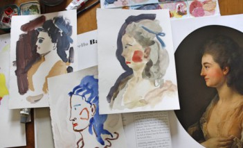 Rysunki wykonane farbą przedstawiające profil kobiety.