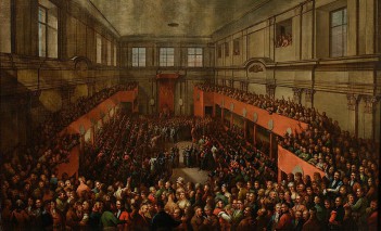 Obraz przedstawiający uchwalenie Konstytucji 3 maja, w sali zgromadzony jest tłum ludzi. 