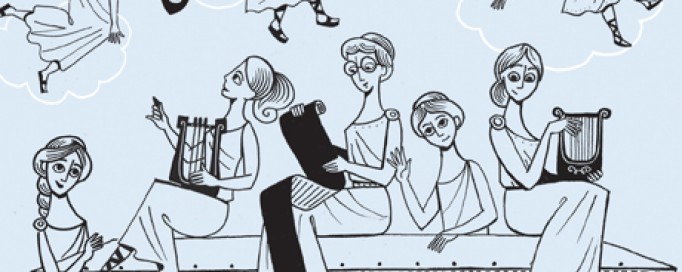 Okładka książki "Król, muzy i pomarańcze", na której widoczny jest rysunek kobiet jako antycznych muz.