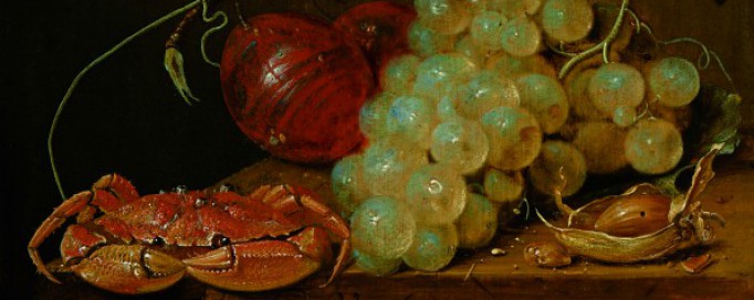 Martwa natura z kielichem, śliwkami, winnym gronem, orzechem laskowym i krabem