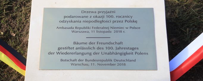 Tablica pamiątkowa z napisem i widocznymi u dołu szarfami.