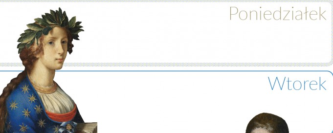Planer z wizerunkami dwóch kobiet i dwóch mężczyzn w strojach z epoki, ustawionych przy napisach: poniedziałek, wtorek, środa, czwartek, piątek, sobota, niedziela.