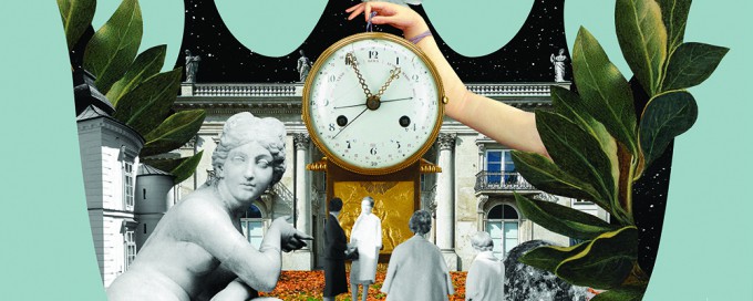 Plakat przedstawiający budynek, do którego wchodzą ludzie, po lewej stronie rzeźba przedstawiająca kucającą kobietę, na górze zegar trzymany przez kobiecą rękę, całość ujęta jest w liść w kształcie korony. 