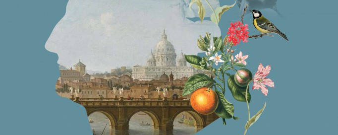 Plakat przedstawiający zarys głowy na niebieskim tle. Głowę wypełnia panorama miasta i kolorowe kwiaty.