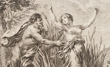 Grafika przedstawiająca kobietę i mężczyznę wśród przyrody. 