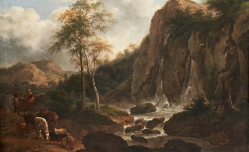 Obraz Josepha Roosa przedstawiający krajobraz górski z wodospadem z prawej strony i pasterzami pędzącymi krowy i owce.