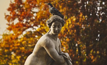 Rzeźba przedstawiająca kobietę, stojąca na tle jesiennych drzew, na głowie posągu siedzi gołąb.