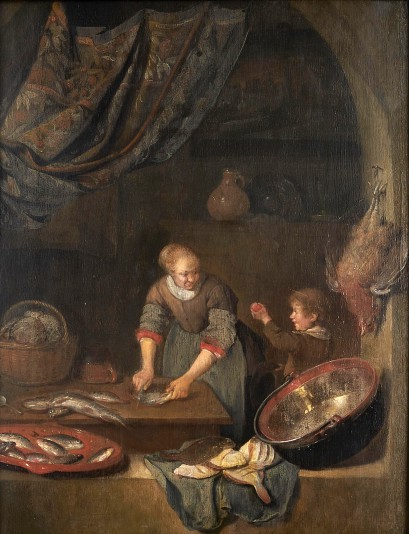 Obraz przedstawiający kobietę czyszczącą ryby, obok stoi chłopiec, który podaje jej jabłko.