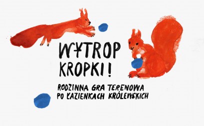 Rysunek przedstawiający dwie wiewiórki i napis "Wytrop kropki! Rodzinna gra terenowa po Łazienkach Królewskich"