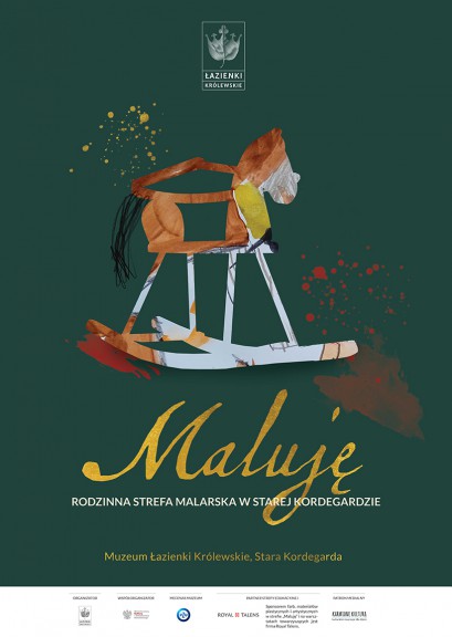Plakat przedstawiający rysunek konia na biegunach. Poniżej znajduje się napis: Maluję. Rodzinna strefa malarska".