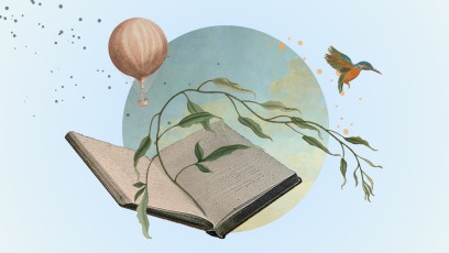 Rysunek przedstawiający otwartą książkę na tle kuli ziemskiej, w książkę włożona jest gałązka, po lewej stronie widoczny jest latający balon, po prawej ptak.