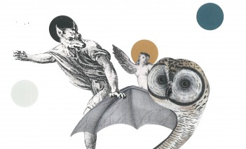 Kolaż przedstawiający ludzką postać z głową wilka, kobietę z ptasią głową i skrzydłami zamiast rąk oraz sowę ze skrzydłem nietoperza.
