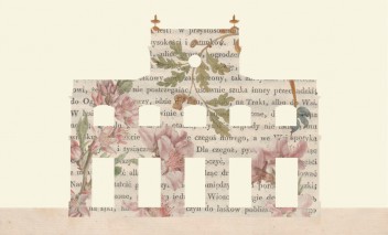 Grafika przedstawiająca domek, którego elewację zdobią litery i kwiatowe dekoracje. 