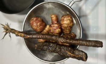 Klika warzyw bulwiastych i dwa warzywa podłużne leżą w metalowym sitku. 